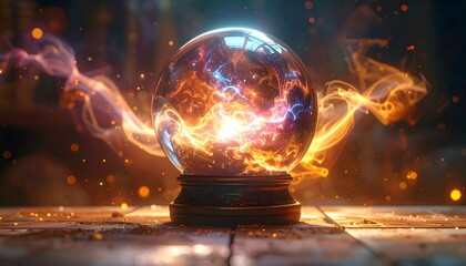 Illuminated crystal sphere on a wooden surface, with cosmic energy