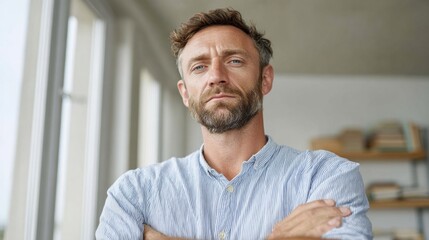 Obraz premium Man standing in office, arms crossed, looking at camera.
