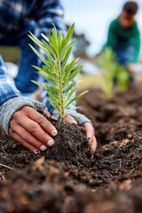 Hands planting young saplings in a garden, showcasing a community effort to promote environmental sustainability and green spaces in urban areas