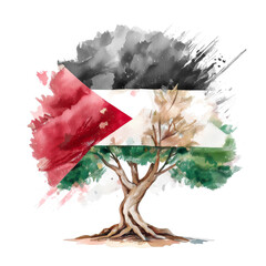 A beautiful large olive tree and a Palestinian flag painted in watercolor with soft brushstrokes. A soothing watercolor symbolizing peace and freedom.