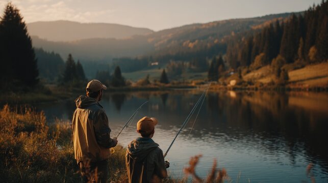 Man and woman fishing by lake.