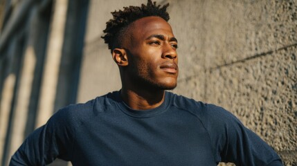 Man posing outdoors against concrete wall.