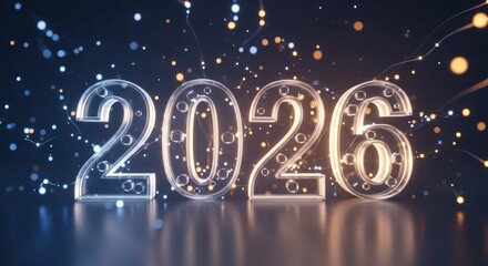 Glowing 2026 happy new year greeting card with bokeh lights and dark background
