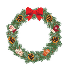 Christmas wreath decorated with mittens, fir cones, and pine branches