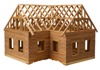 Isolated wooden miniature house under construction, with exposed beams and bricks, model