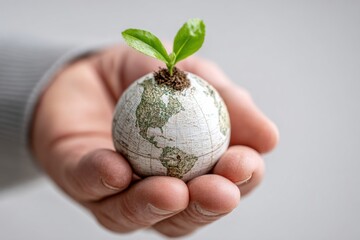 Small planet held in hand with a green plant symbolizing growth and care for the environment in a modern setting
