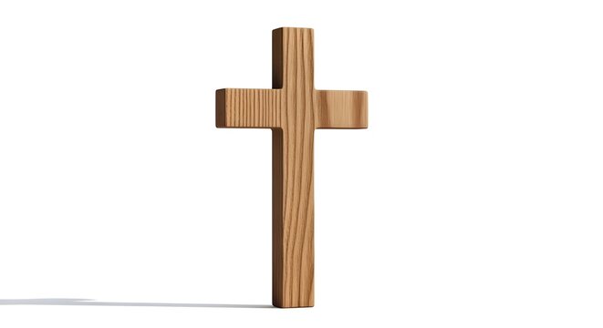A simple wooden cross standing upright on a white surface casting a subtle shadow to the left side