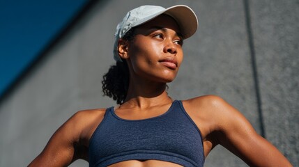 Woman athlete posing confidently outdoors.