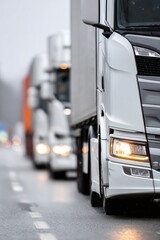 Trucks lined up on a rainy road with blurred background, showcasing the busy transport industry in action