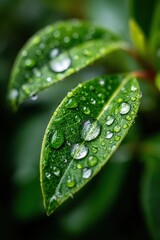 Close-up view of green leaves glistening with water droplets in a lush environment after recent rainfall in a garden during early morning
