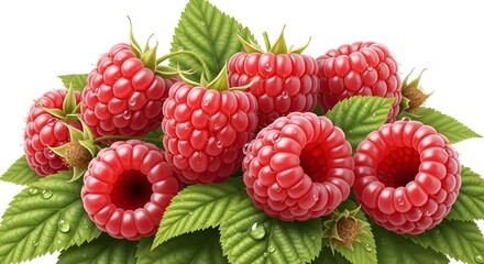 A close up of several raspberries with green leaves and water droplets on a white background