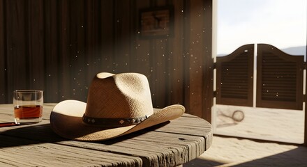 A cowboy hat and a glass of whiskey sitting on a wooden table near saloon doors in a dusty setting