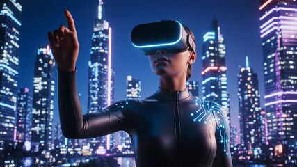Woman wearing vr headset interacting with futuristic city skyline at night, digital circuit patterns on her suit - Powered by Adobe