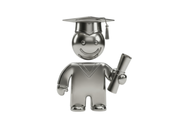 Isolated graduation character celebrating success, wearing a mortarboard cap with diploma