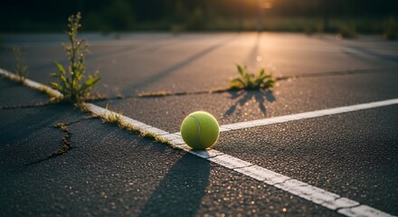 A tennis ball rests on a cracked court line with weeds growing through the asphalt surface outdoors