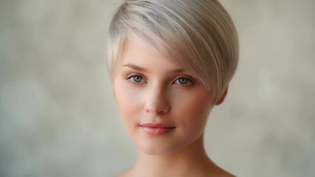 Beautiful blonde woman with pixie haircut turning and smiling