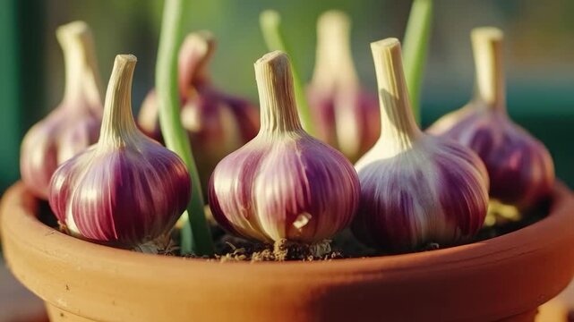 Garlic bulbs in clay pot