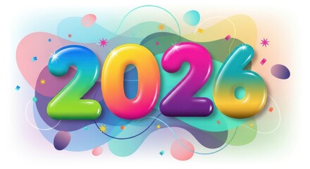 Colorful and vibrant 2026 design with confetti and abstract shapes isolated on white background