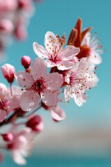 Cherry blossom flowers bloom in spring against a bright blue sky creating a serene and colorful scene