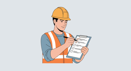 Construction Foreman Inspecting Checklist On Site With Safety Equipment