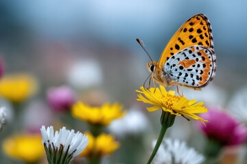 Obraz premium Colorful butterfly resting on yellow flower in a vibrant meadow filled with various blossoms during summer