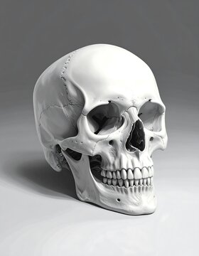 A detailed, well-lit anatomical representation of a human skull, rendered with a focus on form and structure against a neutral, gray background