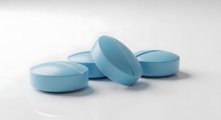 A close up shot of a group of light blue oval shaped pills on a white surface with soft lighting