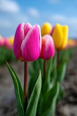 Colorful tulips bloom in a vibrant field under a clear sky during springtime, showcasing nature's beauty and seasonal change