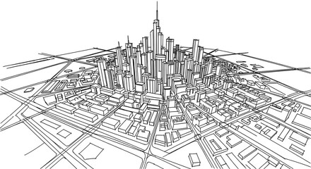 A black and white architectural drawing of a city skyline with buildings and streets in perspective