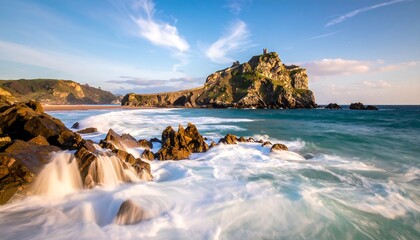 Scenic ocean landscape with waves, cliffs, and a distant coastal structure