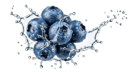 A cluster of fresh blueberries surrounded by a splash of water on a clean white background image