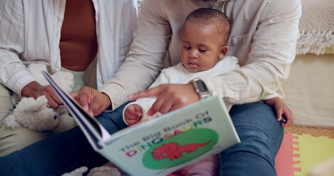 Baby, book and reading in living room with family for development or education in home. Child, mom and dad on floor for story, motor skills and fantasy or support on weekend in apartment or lounge