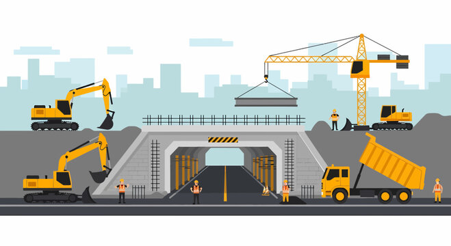 Infrastructure Project In Progress With Heavy Machinery And Construction Workers