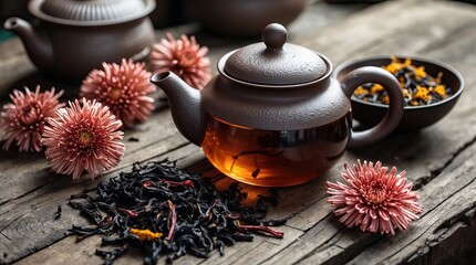 Black Tea with Chrysanthemums in Ceramic Teapot on Wooden Table (AI-generated)