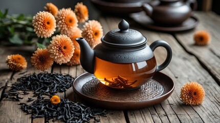 Black Tea with Chrysanthemums in Ceramic Teapot on Wooden Table (AI-generated)