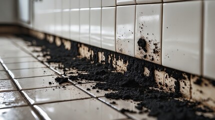 Dirty Tiles with Black Mold along Floor-Wall Junction (AI-generated)