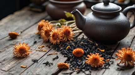 Black Tea with Chrysanthemums in Ceramic Teapot on Wooden Table (AI-generated)