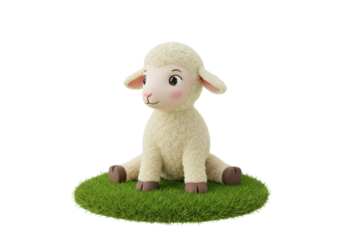 Isolated Plush Lamb on Green Grass, Soft Toy Animal for Spring, Easter, Children's Gift