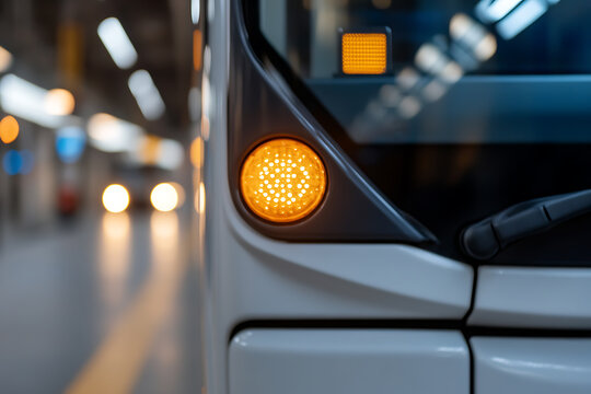 Close-up view of a train's glowing headlight, emphasizing safety and illumination in a public transport setting. Modern urban transport concept.