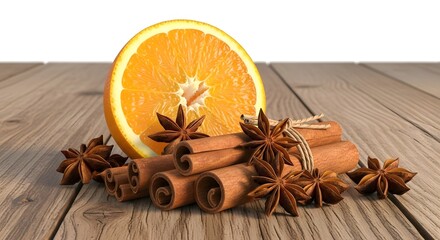 A still life arrangement featuring a sliced orange cinnamon sticks and star anise on wood silhouette