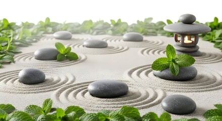 Zen garden with smooth stones, sand patterns, mint leaves, and a stone lantern on a white background silhouette