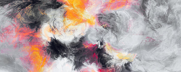 Abstract painting texture. Modern digital watercolor pattern. Wide soft grey background with color smears. Fractal artwork for creative graphic design