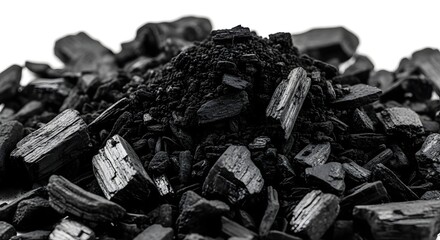 A detailed close up shot of a pile of charcoal pieces on a white background in high resolution silhouette