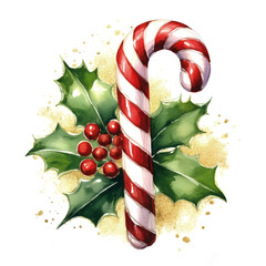 Watercolor christmas red and white candy cane and gold glitter on a white background. Perfect illustration for winter designs, christmas decor, holiday themes and festive decorations