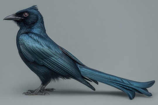 A detailed side view of a stunning iridescent black drongo bird, showcasing its sleek feathers and sharp features