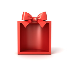 Blank red half cylinder gift box mockup exhibition booth stand or open present box display showcase tied with red ribbon bow isolated on white background unique creative idea concepts 3D rendering