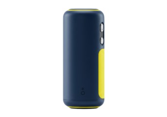 Isolated cylinder shape speaker with yellow details, mobile device, modern, portable appliance