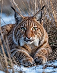 Obraz premium Lynx resting in tall grass with focused expression in snowy landscape 