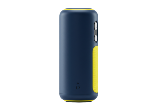 Isolated cylinder shape speaker with yellow details, mobile device, modern, portable appliance