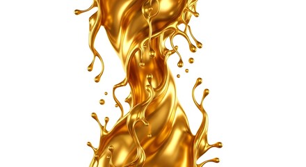 A captivating swirl of golden liquid with droplets against a pristine white background scene silhouette